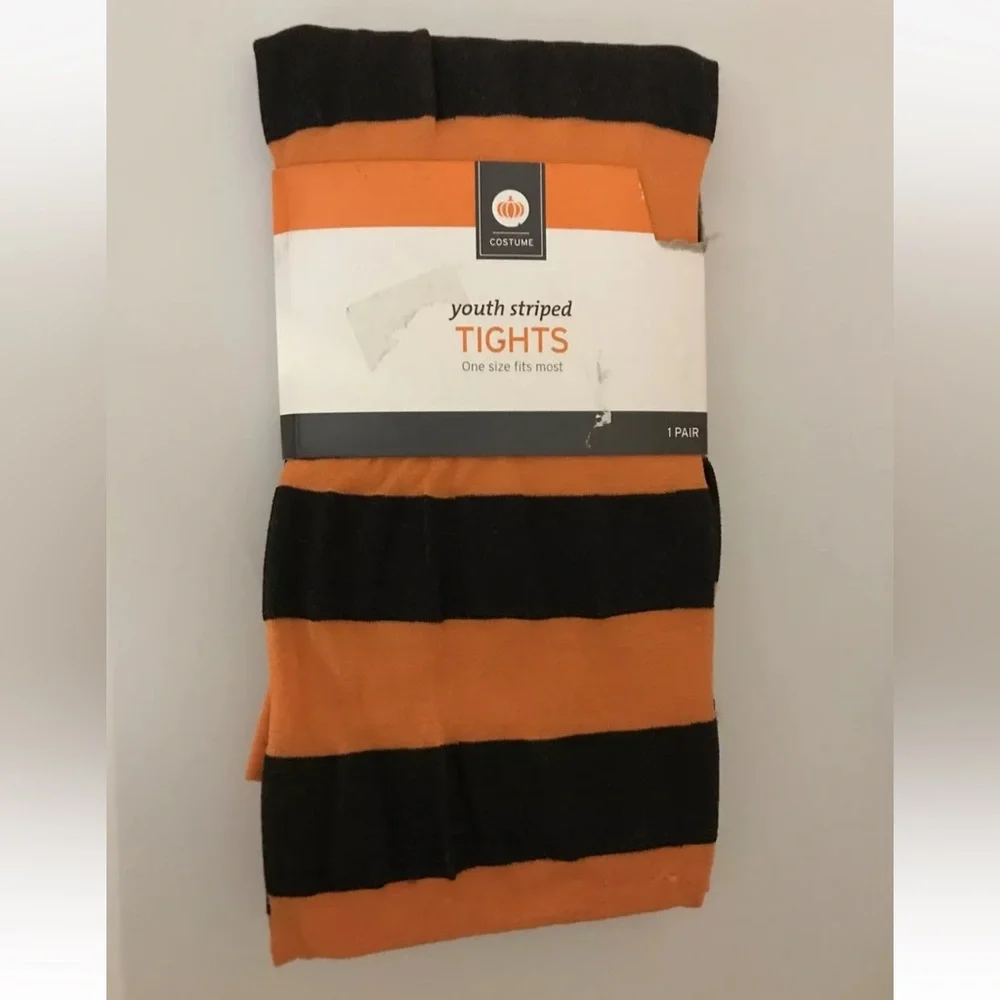Target Black Orange Striped Youth Tights Costume Halloween One Size NEW - Picture 2 of 3